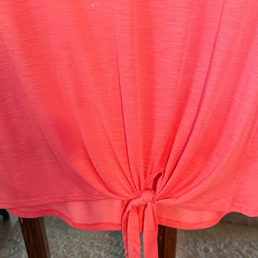 Paper + Tee Womens Coral Pink Slub Knit V-Neck Front Tie Short Sleeve Top M NWT - Picture 4 of 5